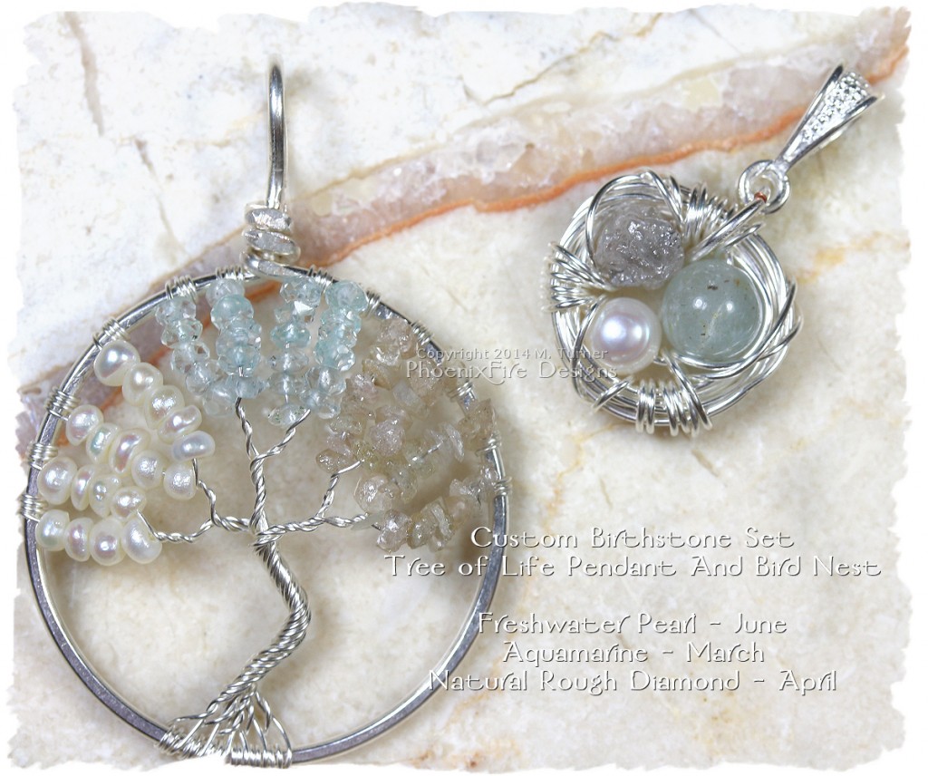 Custom Birthstone Tree of Life Pendant and Matching Bird Nest Pendant set in sterling silver and featuring freshwater pearl (birthstone for June), Aquamarine (birthstone for March) and natural rough diamond (birthstone for April.) Bird nest has the same three gemstones.