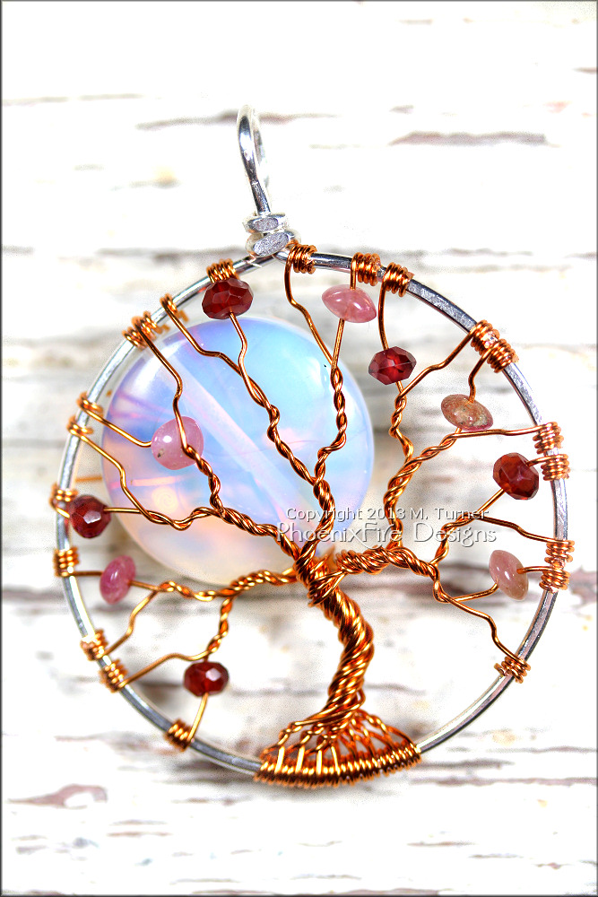  Full Moon Tree Opalite Rainbow Moonstone Pink Tourmaline Garnet Gemstone Accents in Silver and Copper Wire Wrapped