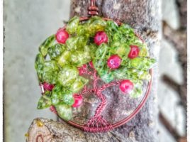 Apple Tree of Life Pendant by PhoenixFire Designs wire wrapped brown wire necklace, peridot and ruby red jade apples, handmade jewelry on etsy